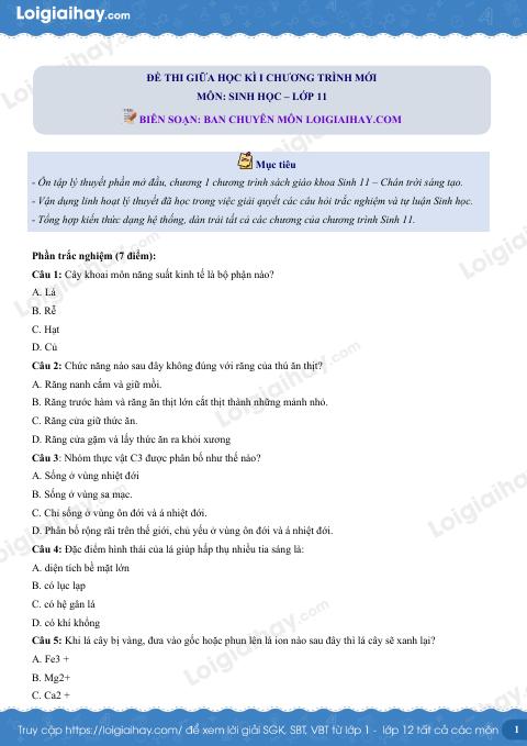 Đề thi giữa kì 1 Sinh 11 Chân trời sáng tạo - Đề số 4
